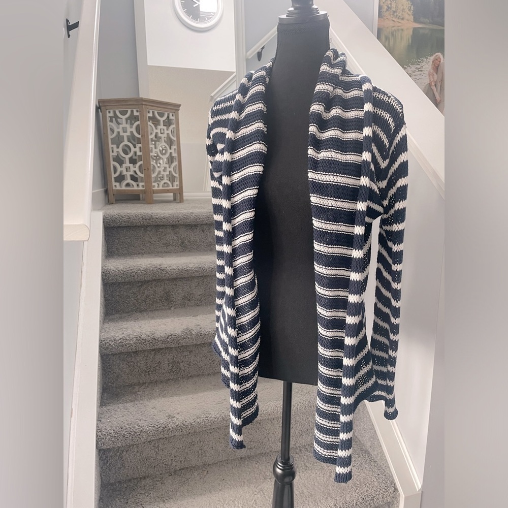 Wooden Ships Cotton Blend Cardigan Open Knit Stripes Navy White Nautical S M‍